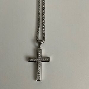 Stainless Steel Silver Cross Pendant Necklace with Clear Stones